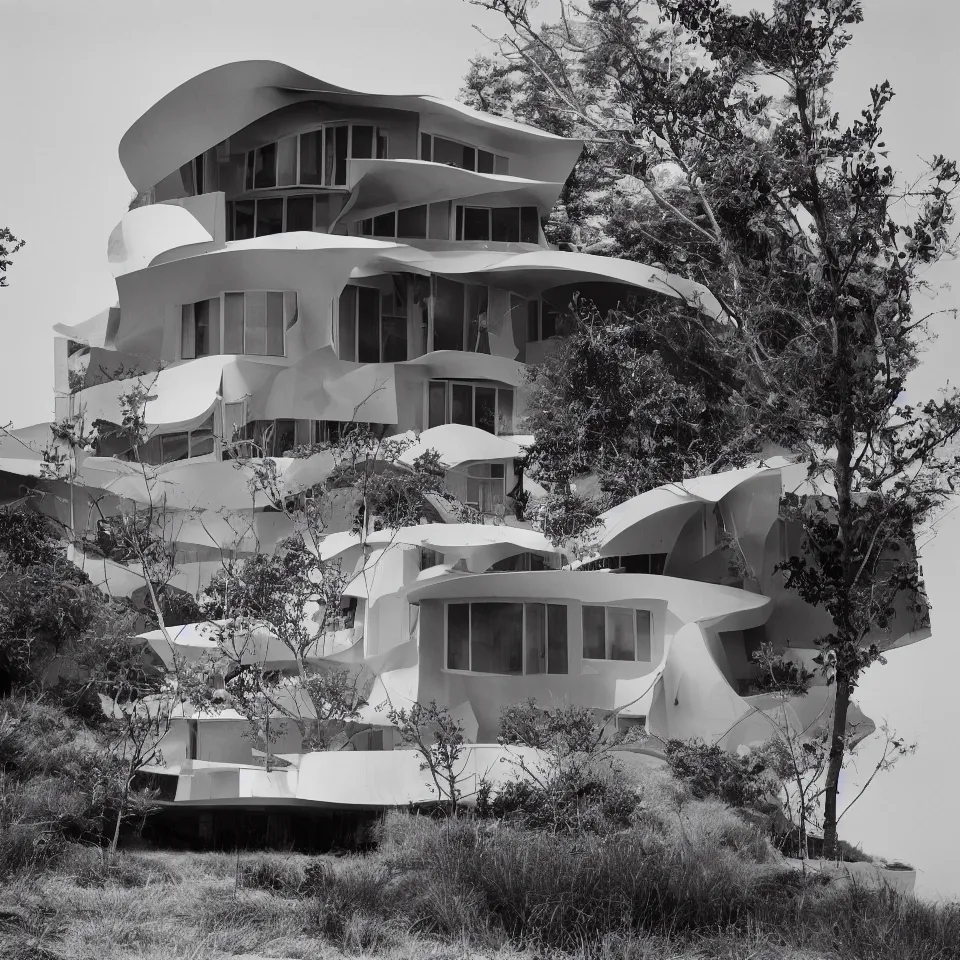 Prompt: architecture ad for a small mid-century modern house on the beach, designed by Frank Gehry. Film grain, cinematic, yellow hue