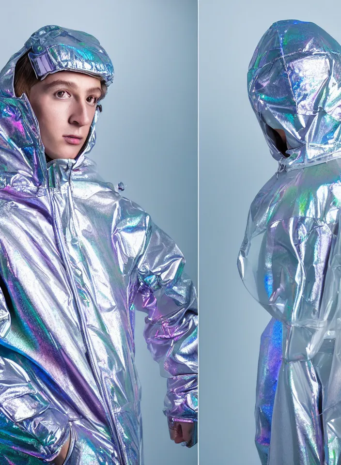 Image similar to an ultra high definition professional studio quality portrait photograph of a silver skinned android influencer wearing a transparent iridescent pastel coloured visor and matching wavey raincoat on white hook in a sheer icelandic black rock environment. three point light. dramatic lighting. volumetric shadows. light rays