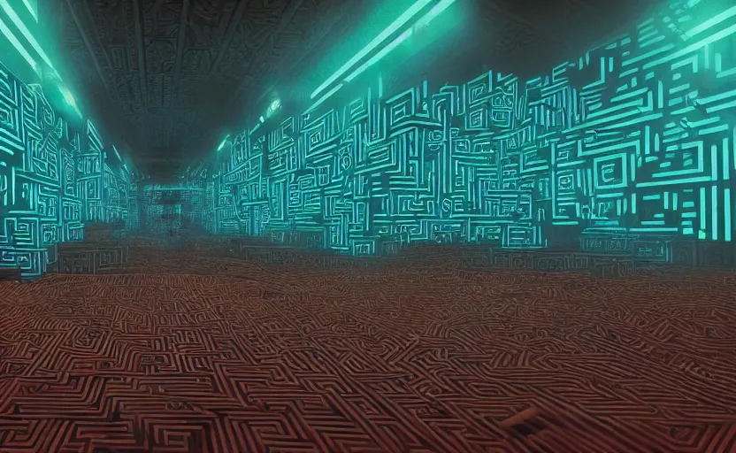 Prompt: interior of an elaborate labyrinth of runic cubes, dark teal, endless maze - like runes, ultrarealistic beautiful cinematic lighting, sharp focus, masterpiece by satoshi kon, crystal cubism, greeble, tesseract, darksynth, high definition