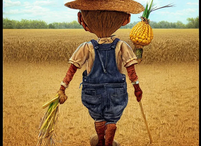 Prompt: a cute short and wide scarecrow with straw for hair and with a straw hat in overalls walking on a dirt road next to a large tall corn field, children's book by tom lovell, ross tran, terry redlin, jean baptiste monge, beatrix potter, painterly