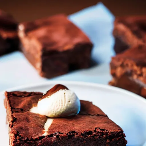 Image similar to An extreme close-up of a slice brownie with icecream on a plate, food blog, Michelin Star Restaurant, F 2.8, 85mm Velvia 100, high DOF