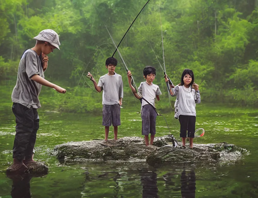 Image similar to kids fishing on a pond in the forest, ring light, smoky background, detailed, super realistic photography, sasin tipchai style