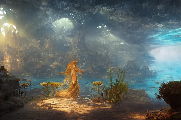 Image similar to a scenic landscaping view of the lost and abandoned city of Atlantic under water, ray of sunlight, mermaids in distance, Greg Rutkowski, Moebius, Mohrbacher, Mucha, blue and gold color scheme, ultra wide angle, ultra detailed, light effect