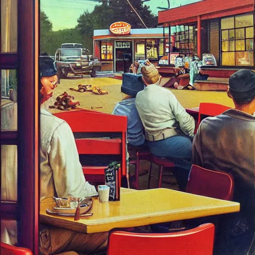 Prompt: a roadside diner open since the 7 0 s in ohio : with free coffee refills, daily specials, and a door you must never open, high quality high detail art by david mattingly and norman rockwell and nc wyeth, hd, realistic, photorealistic lighting, modern supernatural horror.