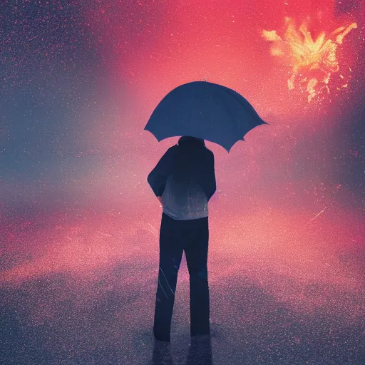 Image similar to man hitting the ground creating a explosion, anime, album cover, rain