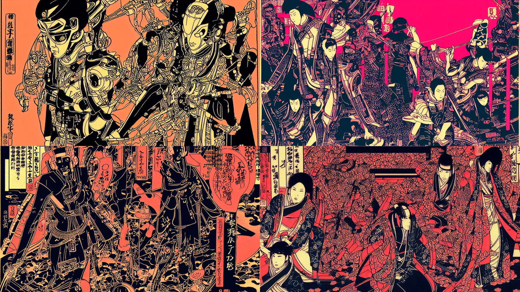 Prompt: futuristic japanese cyberpunk silk screen by utagawa yoshiiku, ohara koson, pixiv contest winner, cyberpunk style, cyberpunk color scheme, japanpunk