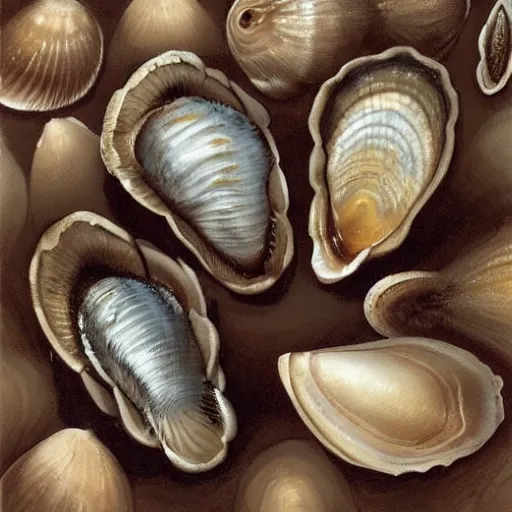 Image similar to bivalve, sea shell, mystery of the deep, quahogs. greg rutkowski, gustavo dore, national geographic, spiral, mollusc.