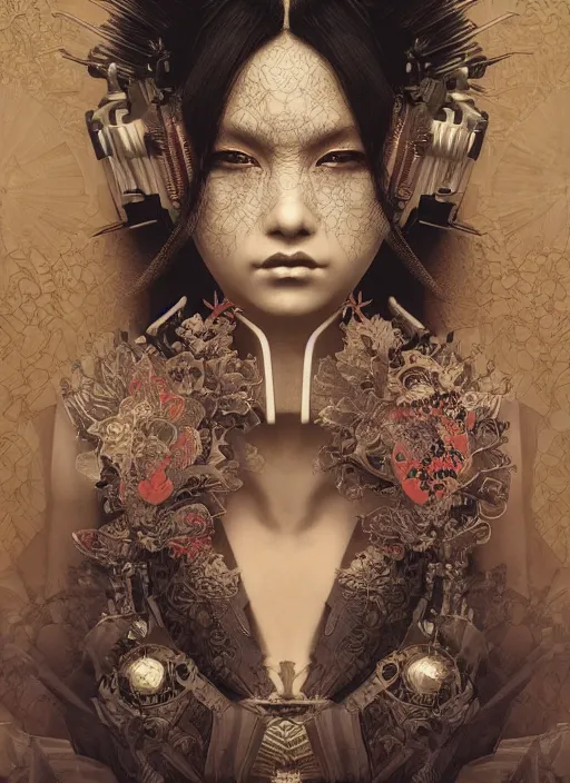 Image similar to portrait of a seductive cyberpunk geisha, yakuza, modern fine art, fractal, in the style of ghosts in the machine, intricate ornaments, elegant, highly detailed, digital photography, subsurface scattering, by mc escher and greg rutkowski,