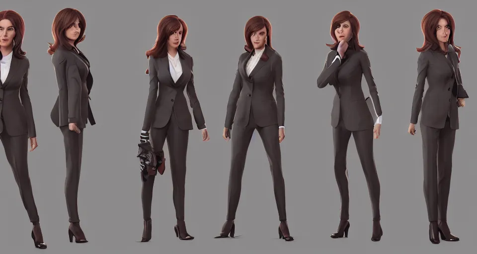 Image similar to Character concept sheet of Business Woman, hyperdetailed, artstation, cgsociety, golden hour 8k
