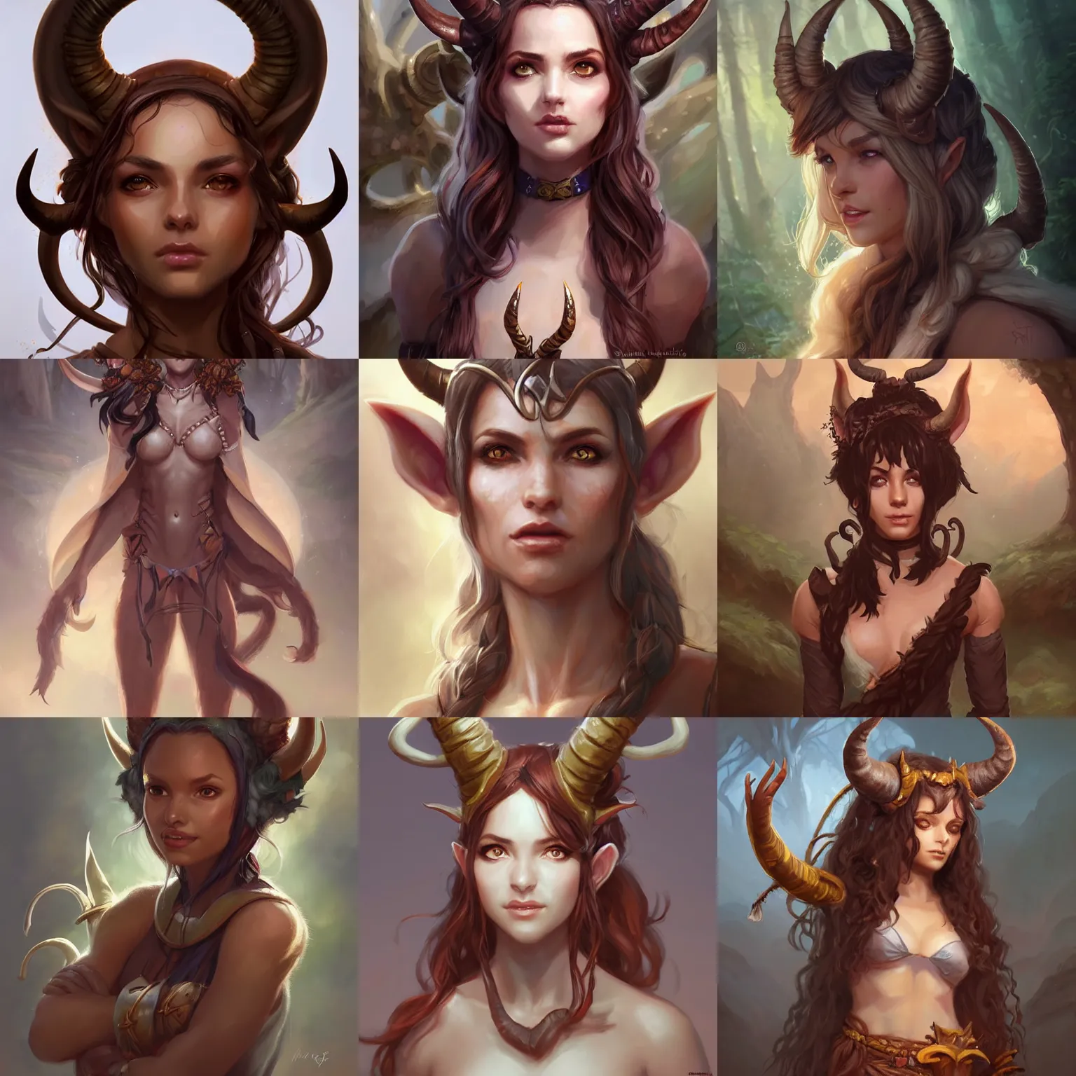 Image similar to cute Whimsical Tiefling Druid with cute horns , light-brown skin, D&D, fantasy, portrait, highly detailed, digital painting, artstation, concept art, sharp focus, illustration, art by artgerm and greg rutkowski and magali villeneuve