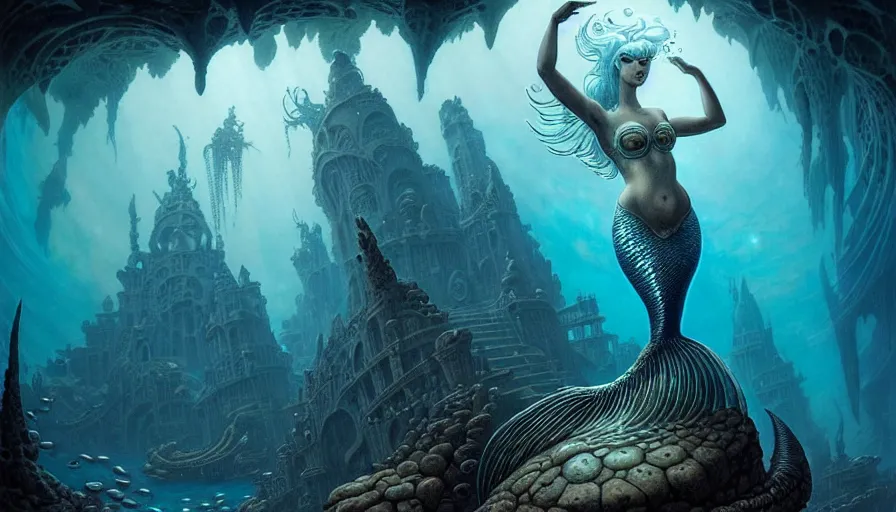 Image similar to a graceful mermaid looking at the sunken city of Atlantis deep under water, stunning undersea intricate detailed grand architecture in the style of Joe Fenton, art style by Greg Rutkowski and Mohrbacher, deep underwater scene, dark and moody, rays of sunlight, faint volumetric god rays, grim crushing atmosphere, trending on artstation, masterpiece, claustrophobic, 8k octane beautifully detailed render, post-processing, extremely hyperdetailed, intricate, epic composition, grim yet sparkling atmosphere, cinematic lighting + masterpiece, trending on artstation, very detailed