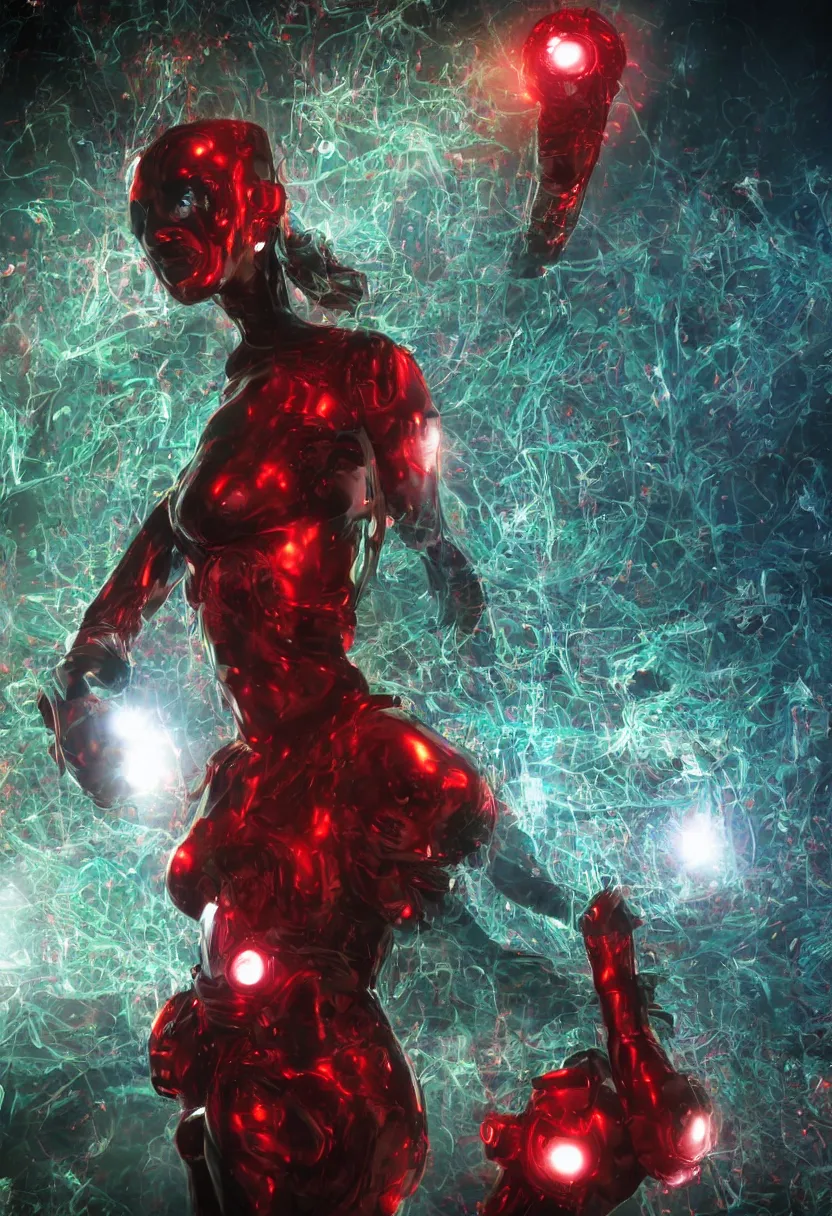 Prompt: a dystopian superhero comic book called modifikation, about bacterium algae that eats people and creates large red diodes all over their bodies hdr, designed by comicraft and yasushi nirasawa, a beautiful heroine appears from a portal,, hyperrealistic, 8 k, bokeh, prism, octane render