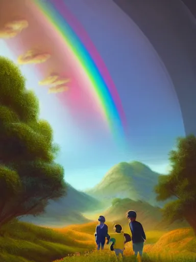 Image similar to dad. mom. kids. a happy familly looking at a distant rainbow. green valley horizon. a village. intricate, elegant, highly detailed, digital painting, artstation, concept art, sharp focus, illustration, by justin gerard and artgerm, 8 k