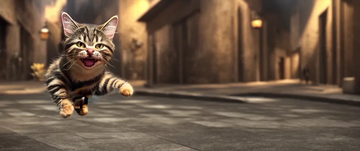 Prompt: hyperrealistic detailed 3d render of a cute tabby catman jumping on a dark city alley sharp cinematic lighting vray 8k low angle shallow depth of field