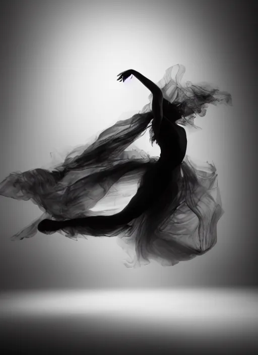 Image similar to a Photorealistic dramatic hyperrealistic render of a glamorous beautiful Female smoke dancer by Ken Brower and Deborah Ory of NYC Dance project,Lois Greenfield,Flowing cloth and smoke,Beautiful dynamic dramatic dark moody lighting,volumetric,shadows,cinematic atmosphere,Octane render,8K