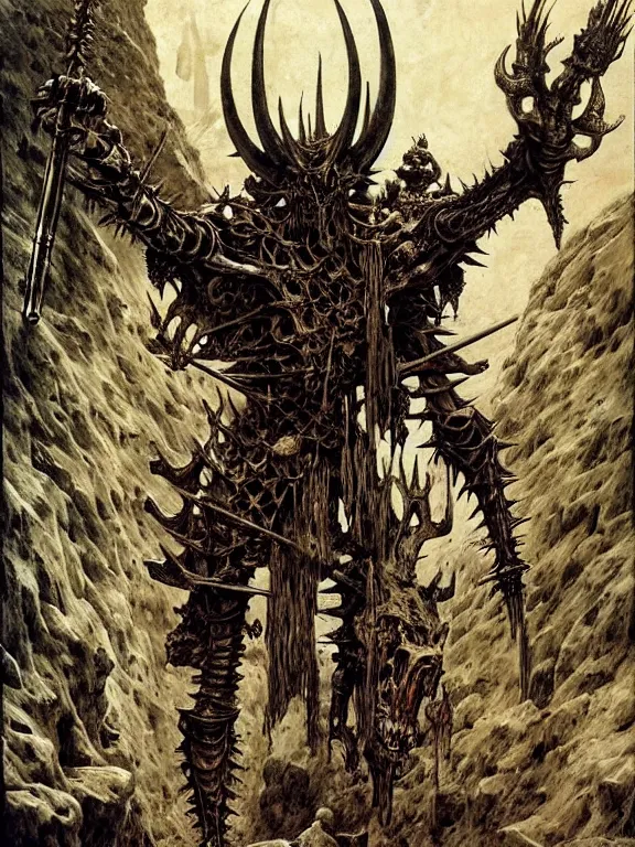 Prompt: A spiky horned skeleton with armored joints stands in a large cave with a huge weapon. Extremely high detail, realistic, fantasy art, solo, masterpiece, saturated colors, bones, ripped flesh, art by Zdzisław Beksiński, Arthur Rackham, Dariusz Zawadzki