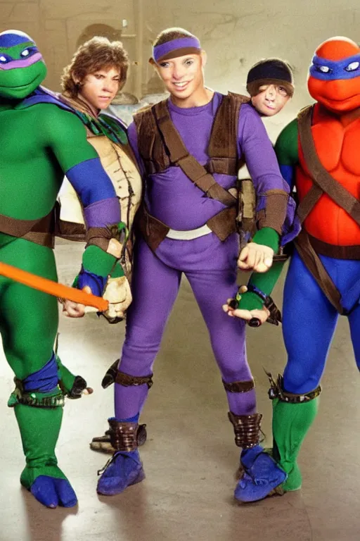 Prompt: Teenage Mutant Ninja Turtles as early 2000s boysband, realistic, photo, human-like