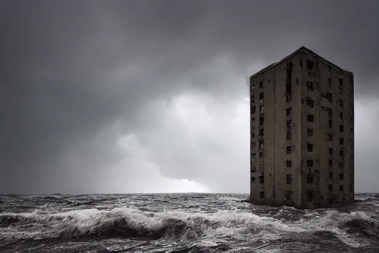 Image similar to danila tkachenko, low key lighting, an abandoned high soviet apartment building in the middle of the stormy ocean, a shipwreck, storm, lighning storm, crashing waves, dramatic lighting