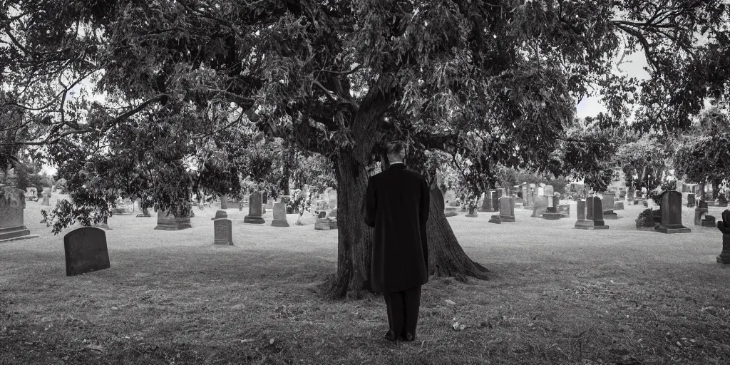 Prompt: Photo of a man in black hidden behind a tree in the cemetery