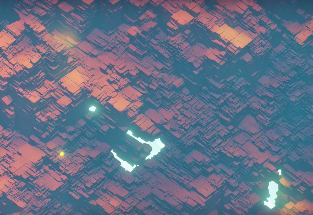 Image similar to isometric magicavoxel white canyon open field no mans sky cinematic lighting, 4k