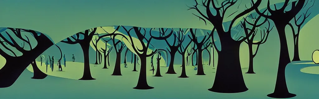 Prompt: sci - fi underground secret science and biology institute, modernism, gouache, trees, animated film, stylised, illustration, by eyvind earle, scott wills, genndy tartakovski