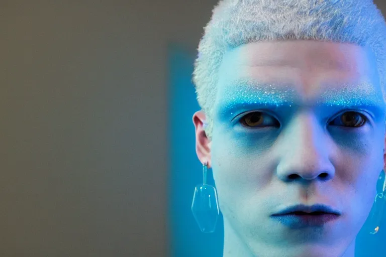 Image similar to a close - up risograph of cyberpunk albinism model men wearing lots of transparent and cellophane accessories, light blue colors, huge earrings and queer make up, blue hour, twilight, cool, portrait, crispy, full - shot, blue sky, kodachrome, photo by mayumi hosokura, style by moebius