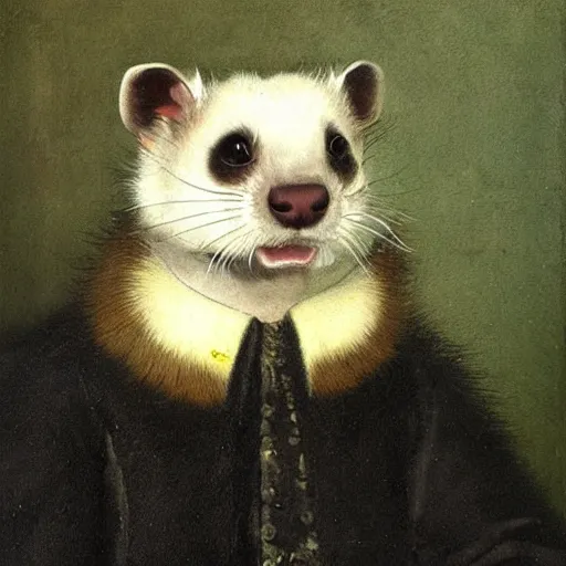 Prompt: Portrait of a Ferret with dark fur in a general outfit , painted by Jan Willem Pieneman, Courageous, Bold, painting