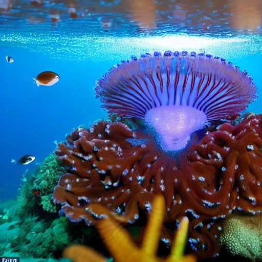 Prompt: several tropical fish and beautiful crown jellyfish in very deep sea, glowing their light in weak uv lighting