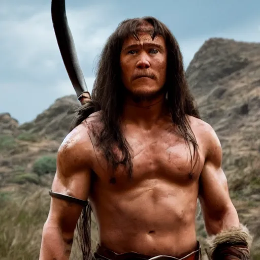 Image similar to Tom Holland as Conan the Barbarian. Movie still frame. Heroic. 4K UHD