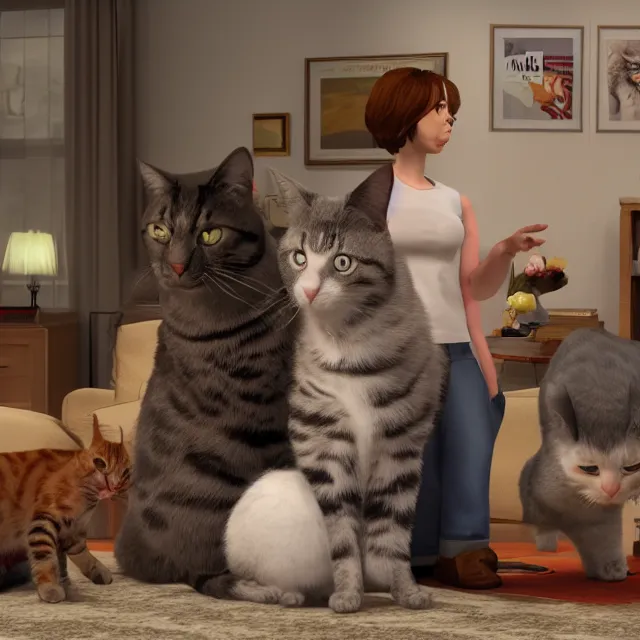 Image similar to american sitcom seinfeld but with cats, volumetric, realistic, cinematic lighting, ray tracing, unreal engine 5, unreal engine render, octane render, hyper realistic, photo, 8 k