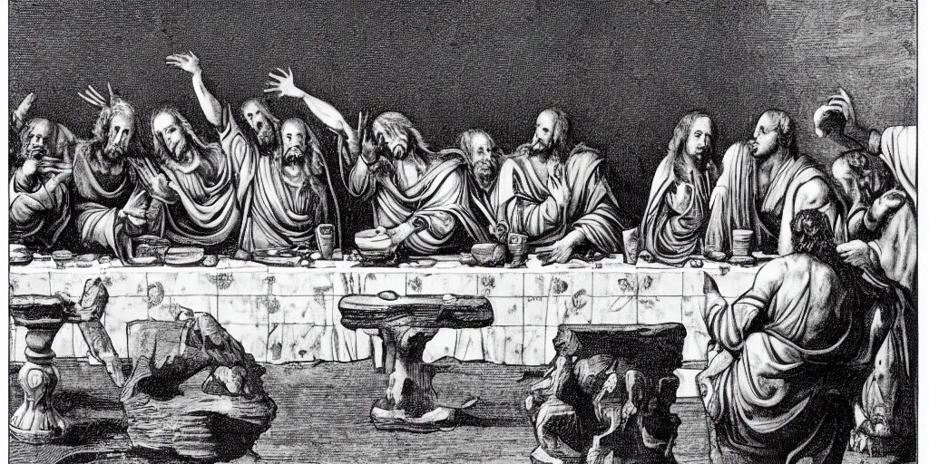 Image similar to the last supper, in the style of Dante’s inferno,