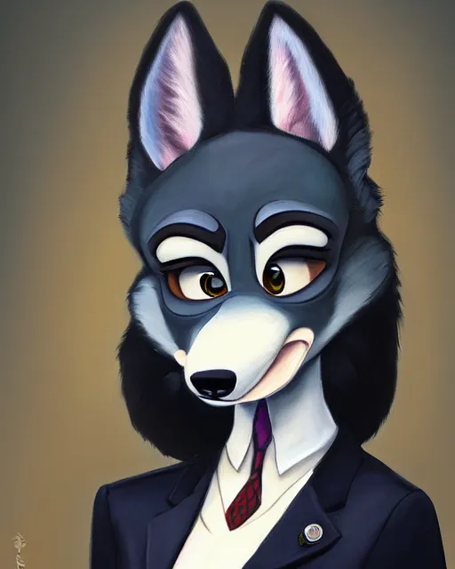 Image similar to oil painting of anthromorphic female wolf, in style of zootopia, female fursona, furry, furaffinity, 4 k, deviantart, furry art, fursona art, wearing black business suit, business suit, wolf fursona, female, smug expression,