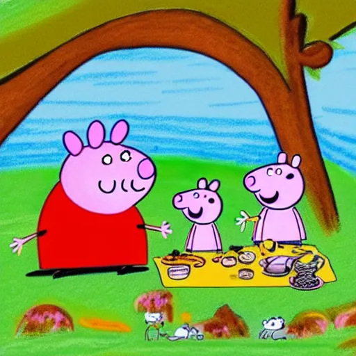 Prompt: Peppa Pig meets the Moonmins at last. The Moomins eat a picnic in front of the sea. Moomintroll gives an apple to Moominpappa. Beautiful drawing