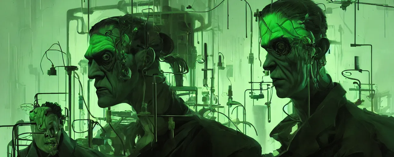 Image similar to duotone noir dark ghastly green concept illustration 3 / 4 portrait of frankenstein with experiments in laboratory. cinematic scene film noir. volumetric lighting. golden rario accidental renaissance. by sachin teng and sergey kolesov and ruan jia and heng z. graffiti art, scifi, fantasy, hyper detailed. octane render. concept art. trending on artstation