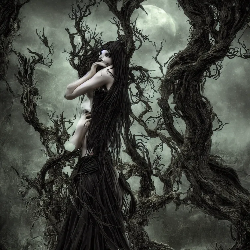 Prompt: stunning Gothic goddess of dryad beauty, dark and mysterious, atmospheric, ominous, eerie, cinematic, Epic, 8k, 4k, ultra detail, ultra realistic, rendered by awesomeness