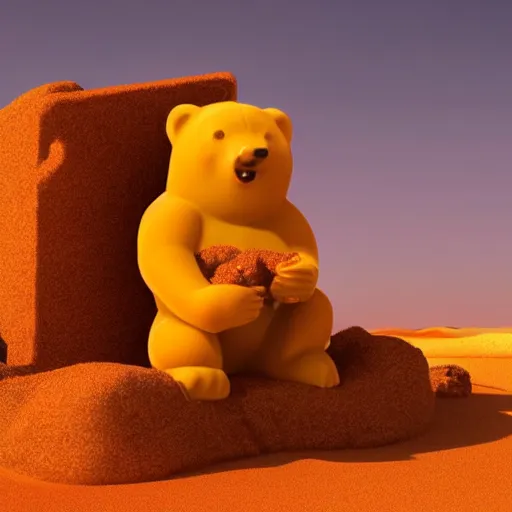 Image similar to promotional movie still the biggest frying pan in the world is in a desert. in the pan are life - size gummi bears that are melting. it's very sunny and very hot. the gummi bears are sweating. 3 d, digital art, octane 3 d render, ue 5, cinematic, imax 7 0 mm, product lighting, dramatic lighting. concept art.