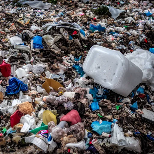 Image similar to lumpy dirty styrofoam garbage dump next to a broken mannequin, sigarette buds, wet newspaper, magazines, dirty water puddle, 8k