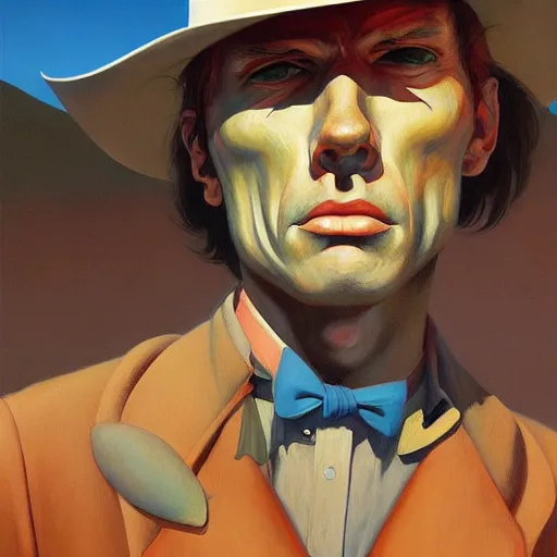 Prompt: Portrait of a cowboy, very coherent, painted by Edward Hopper, Wayne Barlowe, painted by James Gilleard, airbrush, art by JamesJean