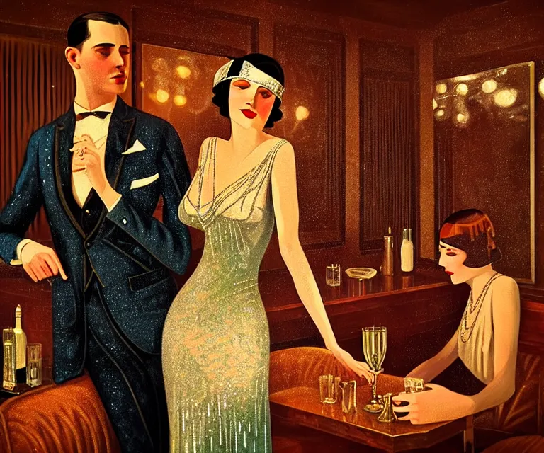 Prompt: a beautiful classy partying couple, dimly lit upscale 1920s speakeasy, relaxed pose, art deco, detailed painterly digital art style by Johfra Bosschart, retro vibe, 🍸, 8k octane beautifully detailed render, post-processing, extremely hyperdetailed, intricate, epic composition, grim yet sparkling atmosphere, cinematic lighting + masterpiece, trending on artstation, very detailed, vibrant colors, Art Nouveau, masterpiece, romanticism