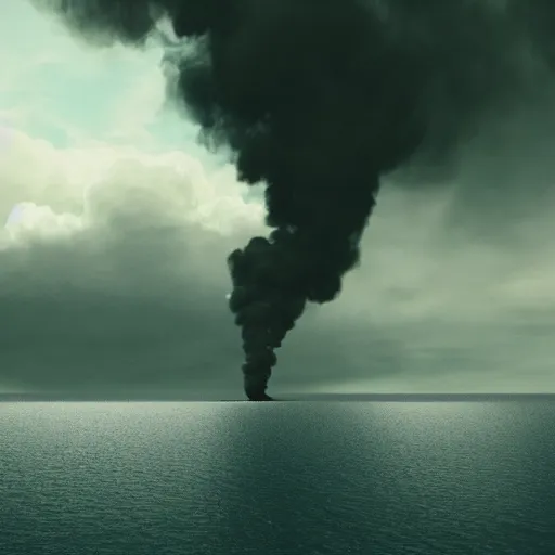 Prompt: a pillar of black smoke flying above an island, 8 k, realistic, cinematic, metaphor, analogy, photorealistic