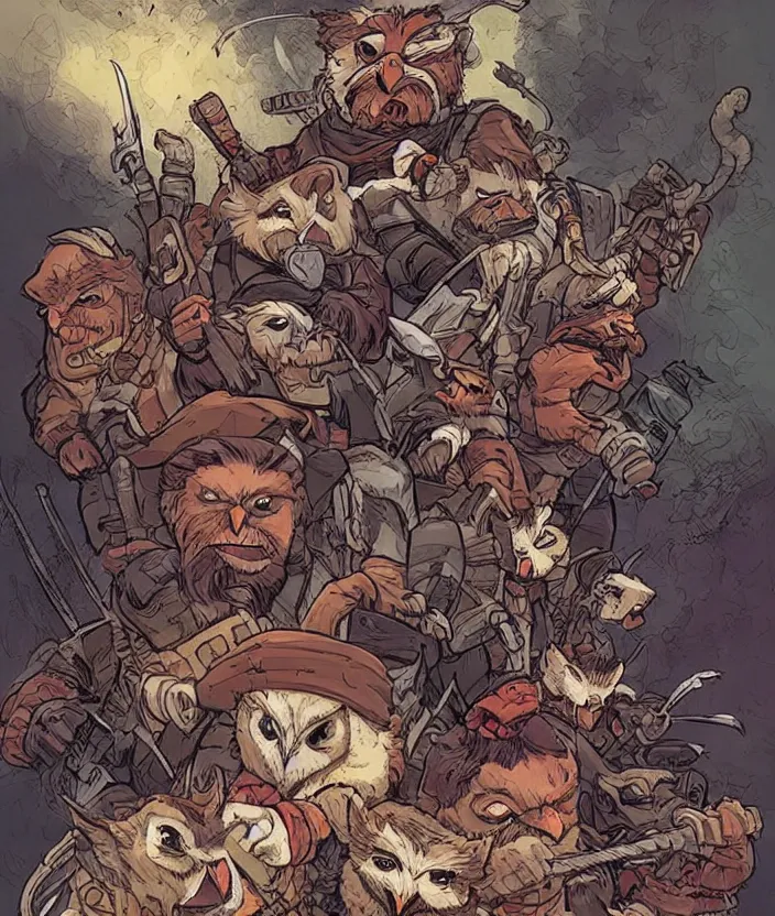 Prompt: graphic novel about grumpy owl mercenary fighting with rat barbarians, colourful, by arthur adams and greg rutkowski