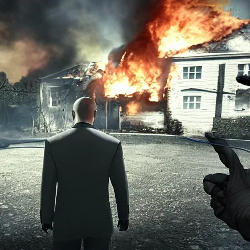 Prompt: a photo of a house burning down in the background and agent 4 7 with an eerie expression in the foreground, strong depth of field