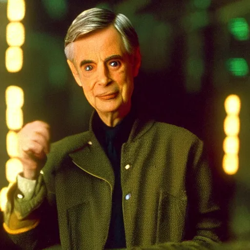 Prompt: still image from blade runner of mister rogers