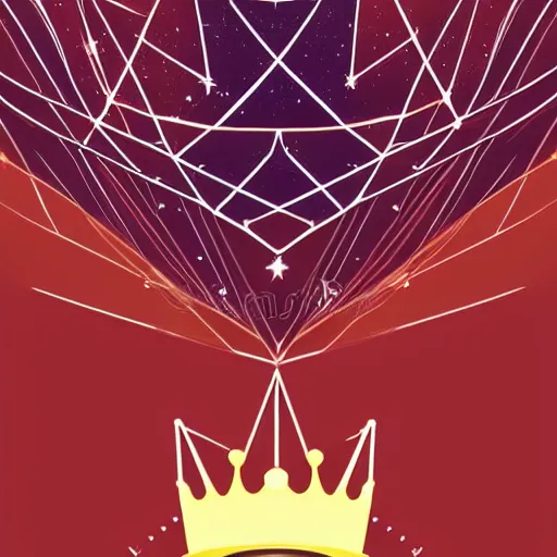 Prompt: a glowing minimal elegant crown sitting on a table with one large beautiful eye on top of it like a jewel, stars on top of the crown, night time, vast cosmos, geometric light rays exploding outwards into stars, bold black lines, flat colors, minimal psychedelic 1 9 3 0 s poster illustration