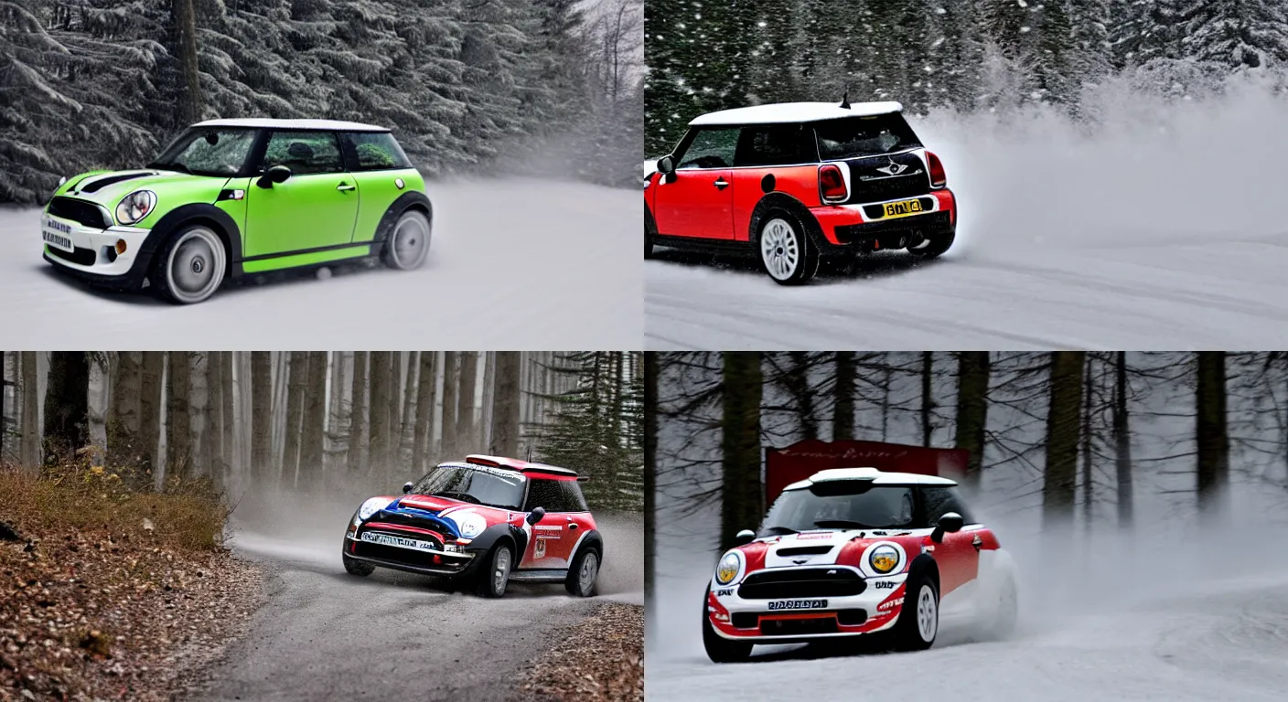 Prompt: a 2 0 0 9 mini john cooper works, racing through a rally stage in a snowy forest