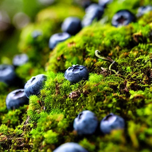 Image similar to closeup of a blueberry bush in a mossy nordic forest. Digital art. 4K. Artistic. Trending on artstation.