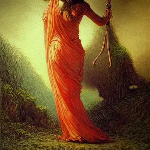 Prompt: beautiful gorgeous Persephone with the prettiest eyes the world has seen with a spear in her hand, goddess of life and death, painting by gustave dore. Colored painting.