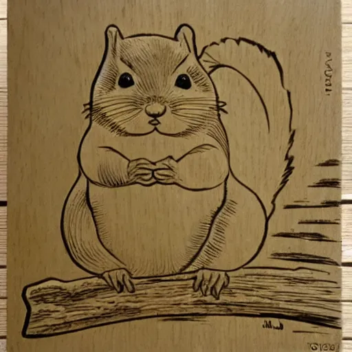 Prompt: woodblock etch of the most chubby cute squirrel ever, this cute chunky monster has rolls, Epic Vermin