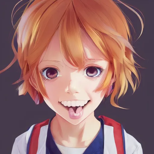 Image similar to An anime portrait of a beautiful happy girl with straight strawberry-blonde hair, brown eyes, wearing a shirt, closed mouth, child, by Stanley Artgerm Lau, WLOP, Rossdraws, James Jean, Andrei Riabovitchev, Marc Simonetti, and Sakimi chan, trending on artstation