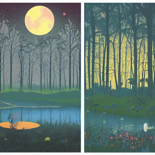Prompt: ( ( ( gediminas pranckevicius ) ) ), a pond in the forest, moonlight, flower garden, summer morning, very coherent and colorful high contrast art by simon stalenhag james gilleard floralpunk screen printing woodblock, dark shadows, pastel color, hard lighting